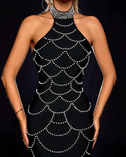 Halter Pearl Chain Web Bandage Dress