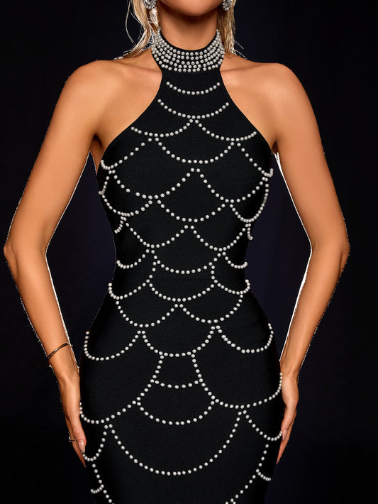 Halter Pearl Chain Web Bandage Dress