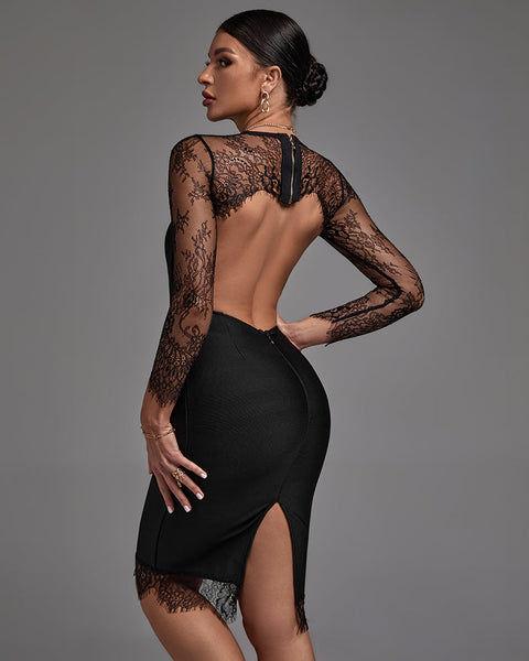 Round Neck Long Sleeve Lace Midi Bandage Dress