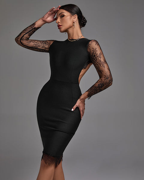 Round Neck Long Sleeve Lace Midi Bandage Dress