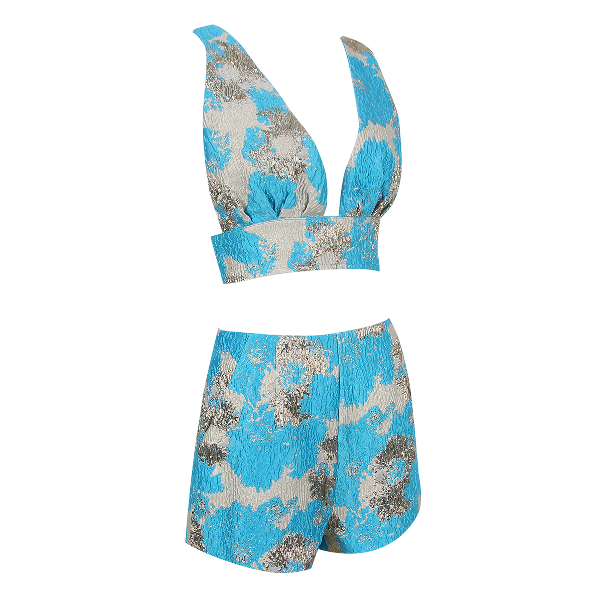 Elegant V-Neck Jacquard Shorts Set