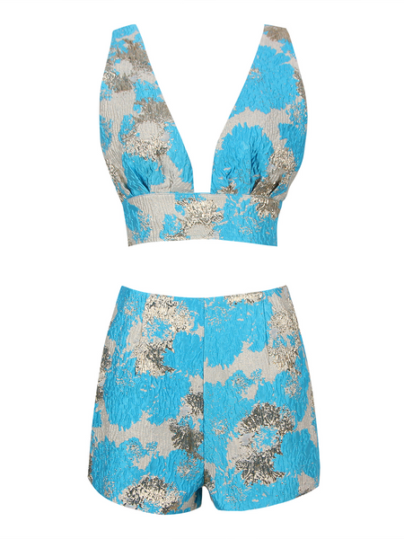 Elegant V-Neck Jacquard Shorts Set