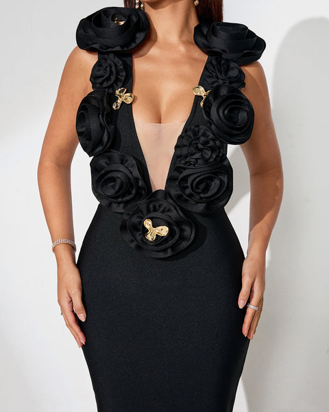 Fitted dress with 3D floral design and deep V neckline