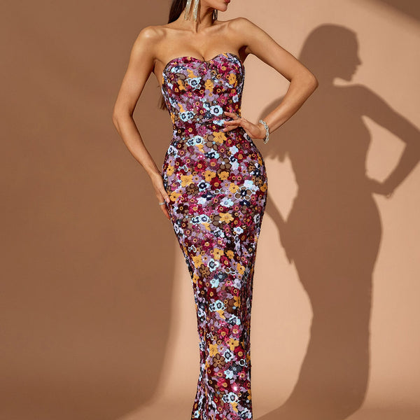 Strapless Floral Bustier Sequins Maxi Dress