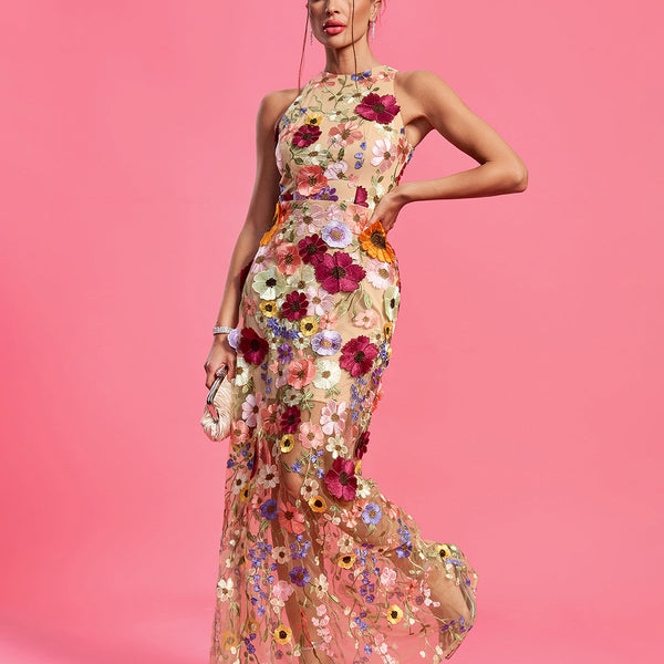 Maraya Floral Applique Maxi Dress - Opulent Empire