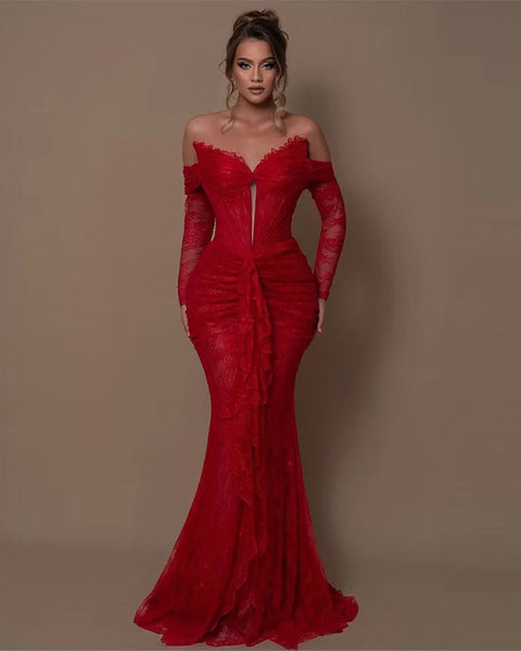 Off Shoulder Long Sleeve Lace Maxi Bodycon Dress HT1108