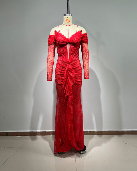 Off Shoulder Long Sleeve Lace Maxi Bodycon Dress HT1108