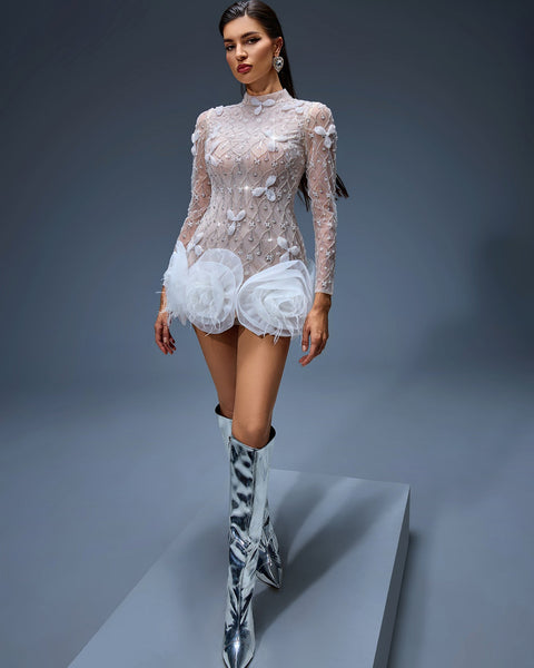 Short beaded dress with floral hem for a chic and elegant look