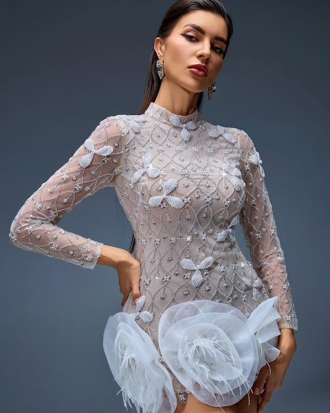 Short beaded dress with floral hem for a chic and elegant look