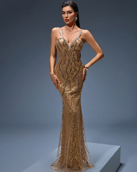 Elegant Heavy Crystal-Embroidered Evening Gown for Formal Occasions