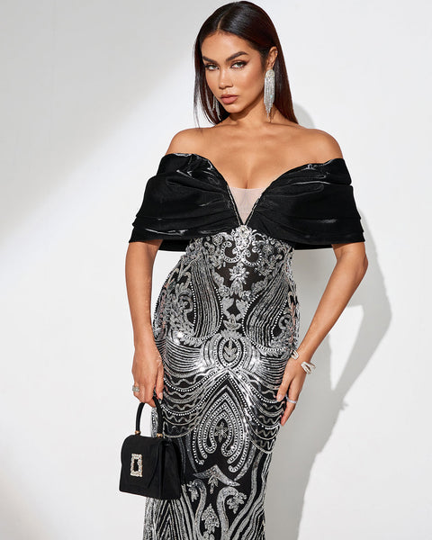 Elegant off-the-shoulder evening gown adorned with sequins