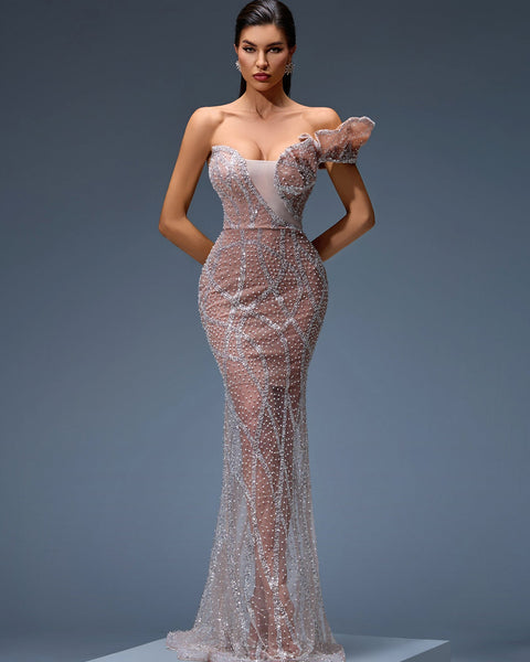 Tulle evening gown with sequin and pearl detailing