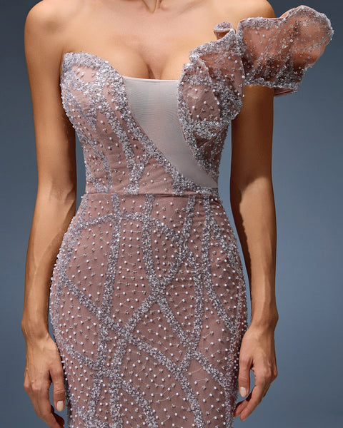 Tulle evening gown with sequin and pearl detailing