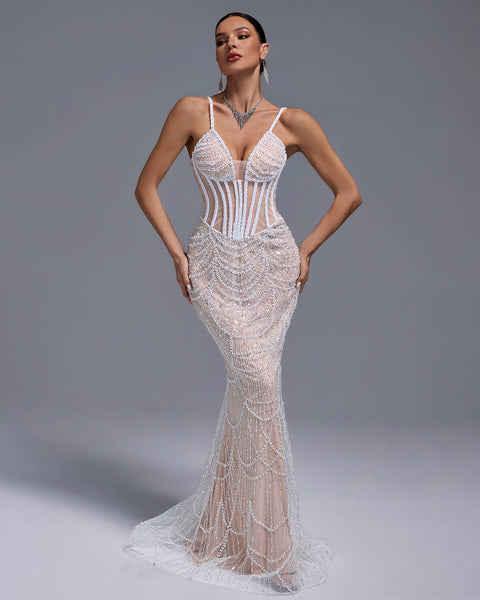 Pearls Gauze Fishbone Bustier Maxi Dress - Opulent Empire