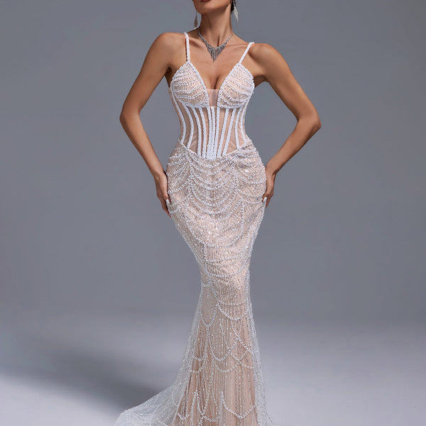 Pearls Gauze Fishbone Bustier Maxi Dress - Opulent Empire
