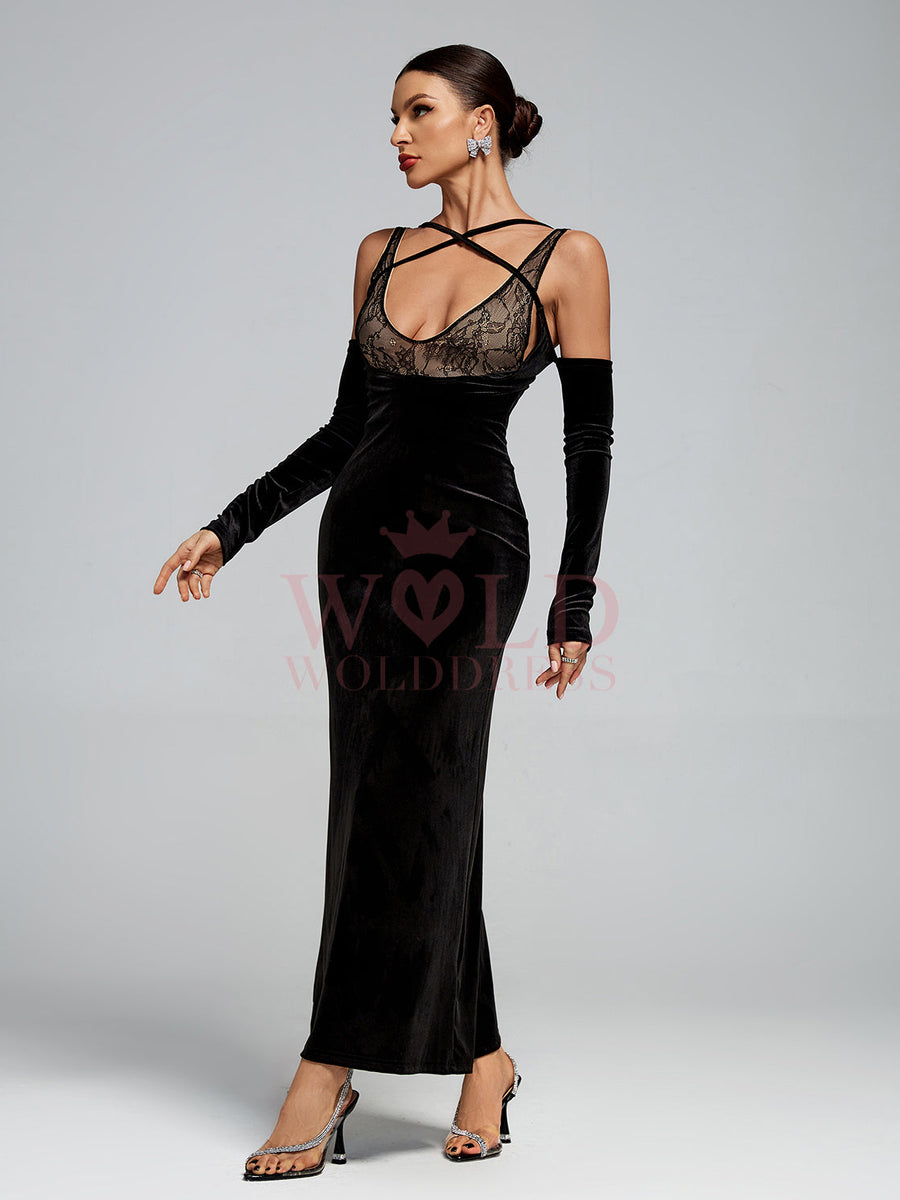 Strap Wrap Lace Corset Velvet Maxi Dress