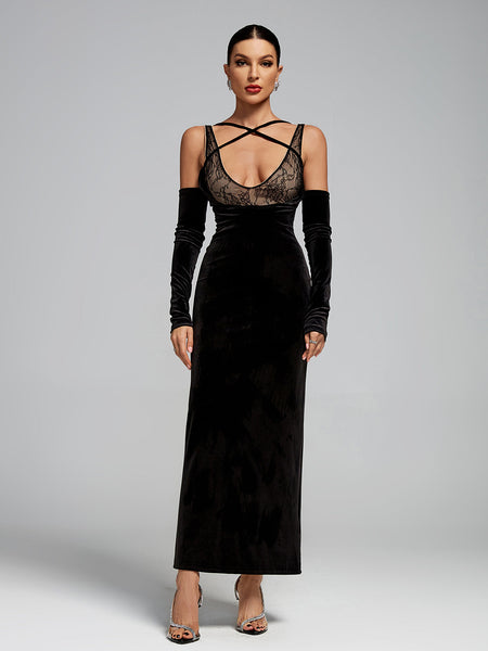 Strap Wrap Lace Corset Velvet Maxi Dress