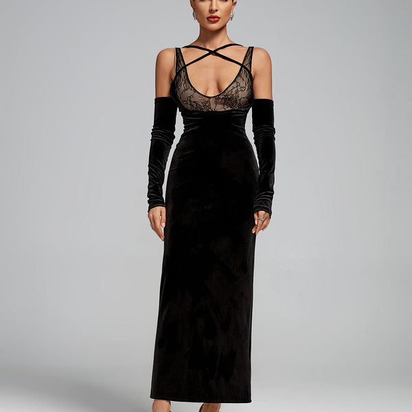 Strap Wrap Lace Corset Velvet Maxi Dress