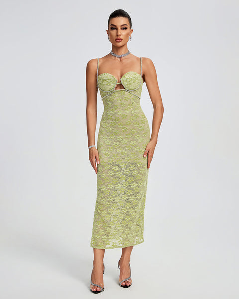 Lace Floral Crystal Chain Bustier Midi Dress