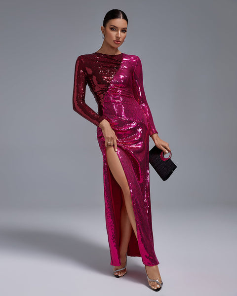 Ruched Sequined High Slit Maxi Dress - Opulent Empire
