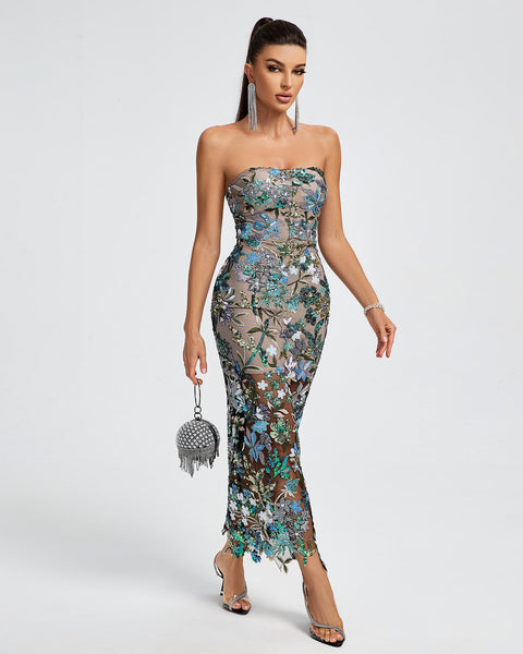 Tokyo Dahlia Floral Sequins Maxi Dress - Opulent Empire