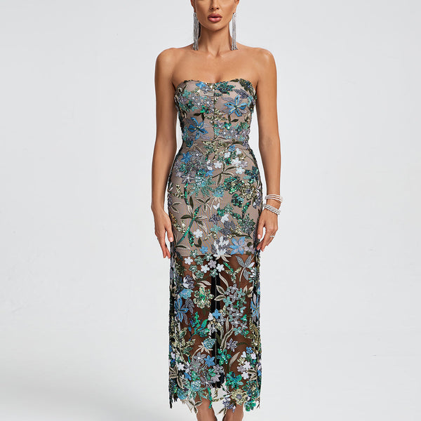 Tokyo Dahlia Floral Sequins Maxi Dress - Opulent Empire