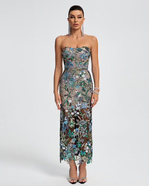 Tokyo Dahlia Floral Sequins Maxi Dress - Opulent Empire