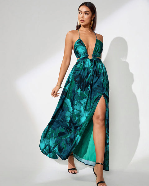 Backless Summer Dress with Splash-Ink Print for Perfect Summer Vacation