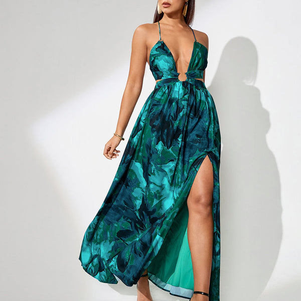 Backless Summer Dress with Splash-Ink Print for Perfect Summer Vacation