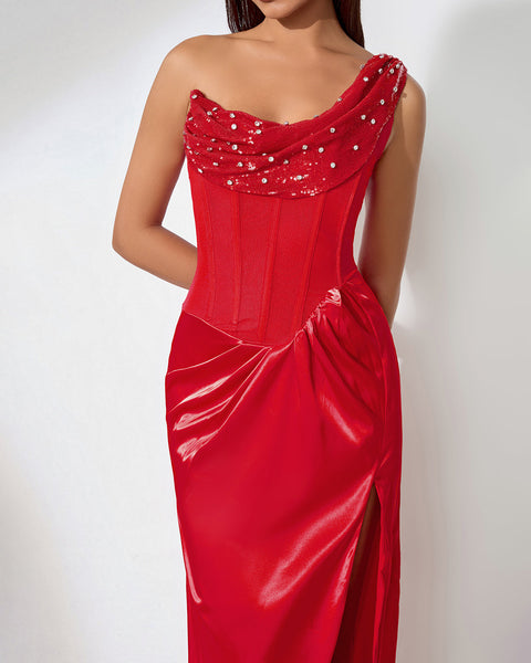 Elegant High-Slit Pearl Asymmetrical Maxidress