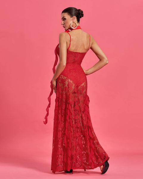 Maxi Lace Dress with Round Neck and Rosette Detail