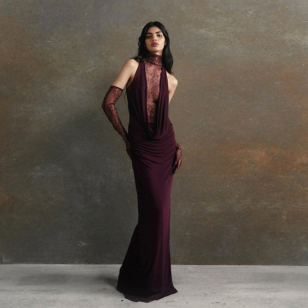 High Neck Sleeveless Vintage Maxi Dress KLYF1343