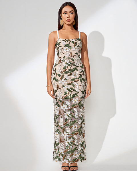 Flower Embroidered Mesh Maxi Dress for an Elegant and Feminine Look