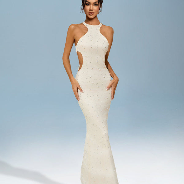 Dress with cut-out collar and pearl details