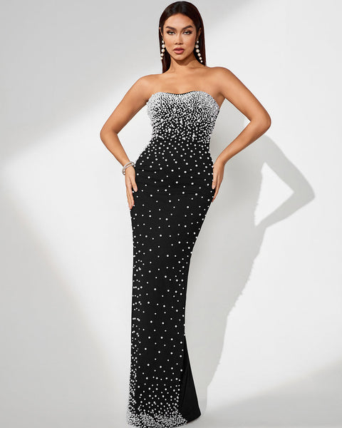 Stunning Pearl-Accented Evening Gown for Elegant Occasions