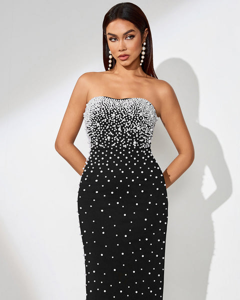 Stunning Pearl-Accented Evening Gown for Elegant Occasions