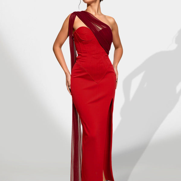Striped satin chiffon gown with mesh ribbons
