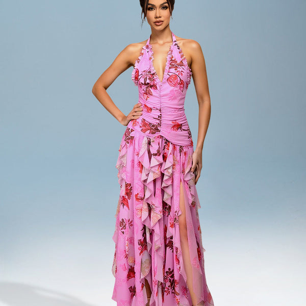 Elegant V-Neck Floral Ruffled Open-Back Dress for a Stylish Look
