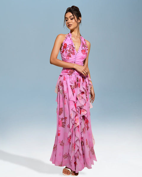 Elegant V-Neck Floral Ruffled Open-Back Dress for a Stylish Look