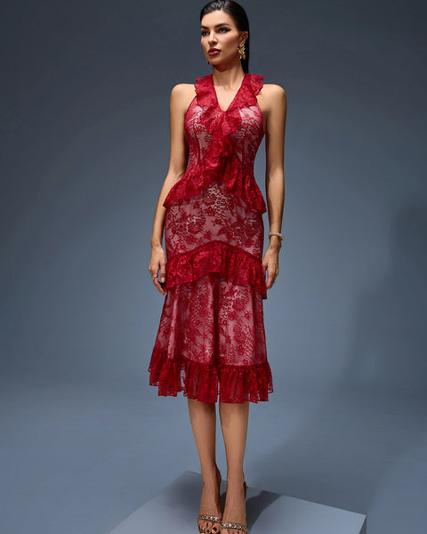 Sexy Midi Dress with Striking Red Lace and Ruffled Design