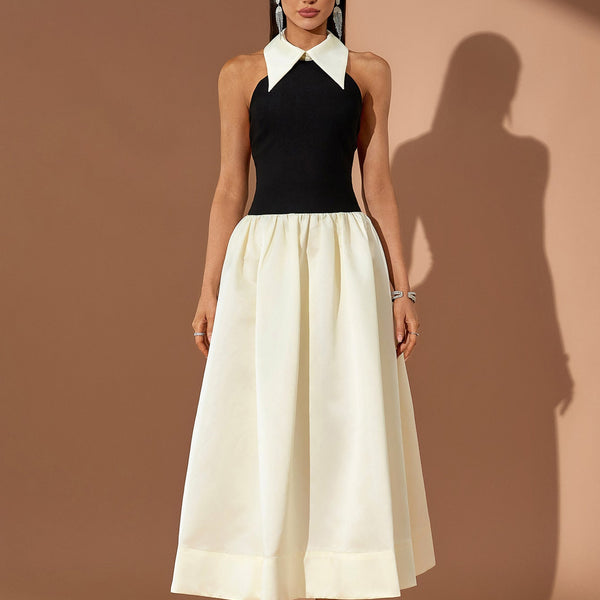 Pointed Collar A-line Open Back Dress