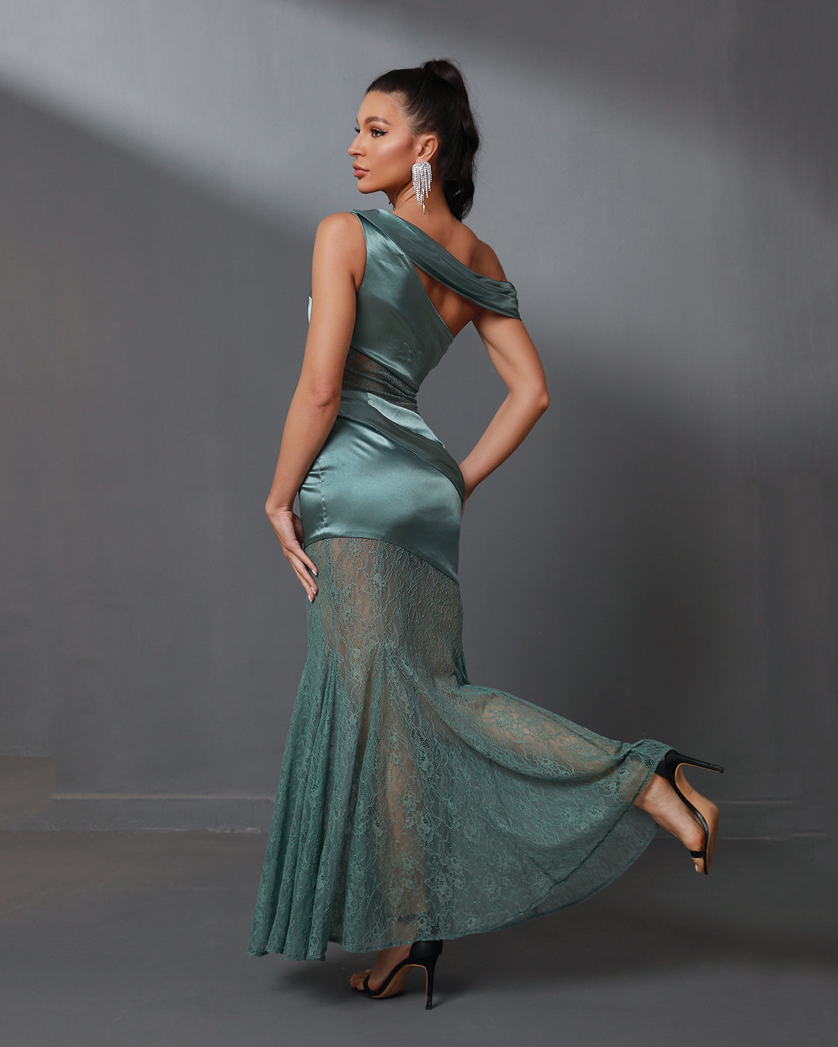 Asymmetric Lace Gauze Maxi Dress