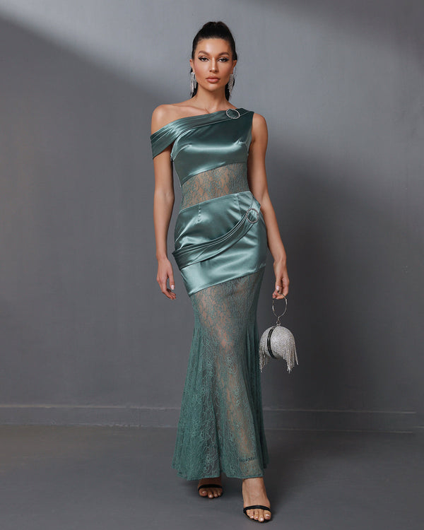 Asymmetric Lace Gauze Maxi Dress