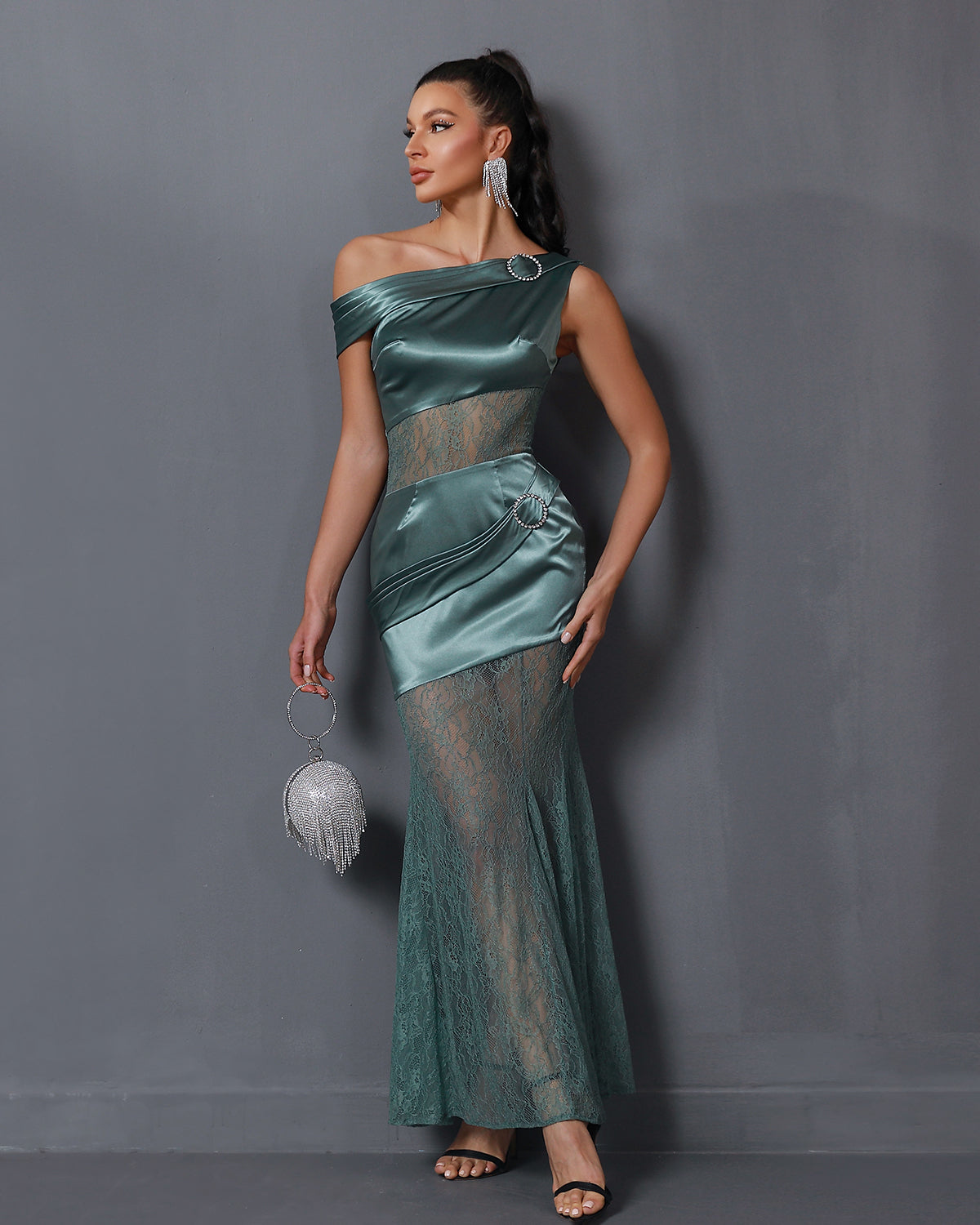 Asymmetric Lace Gauze Maxi Dress