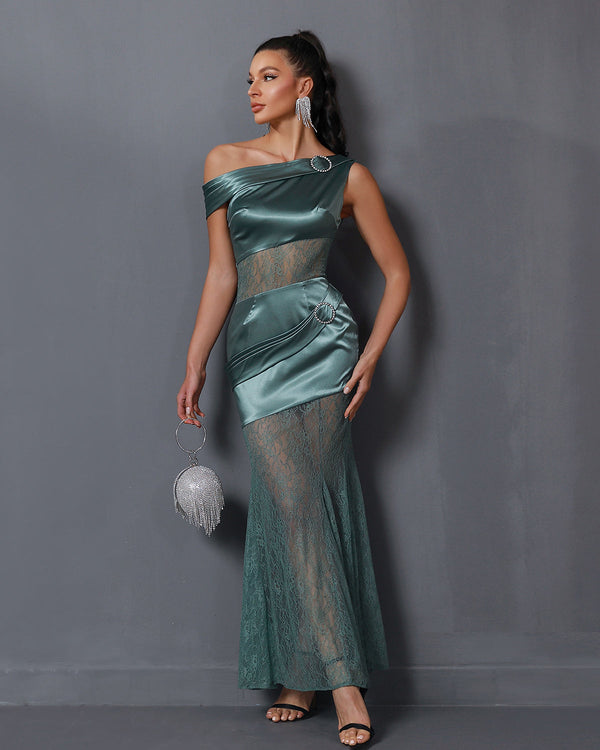 Asymmetric Lace Gauze Maxi Dress