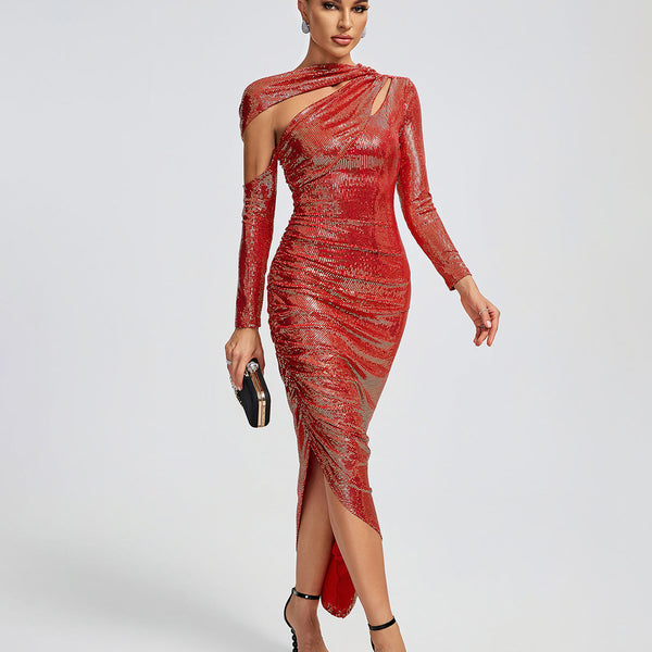 Asymmetric Sequins Ruched Long Dress - Opulent Empire