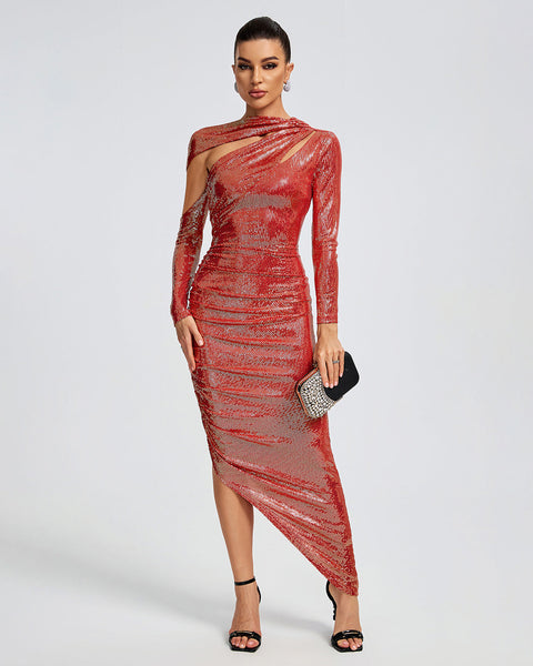 Asymmetric Sequins Ruched Long Dress - Opulent Empire