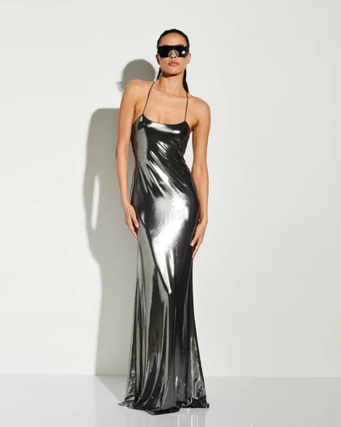 Elegant Strappy Sleeveless Glossy Maxi Dress - KLYS019