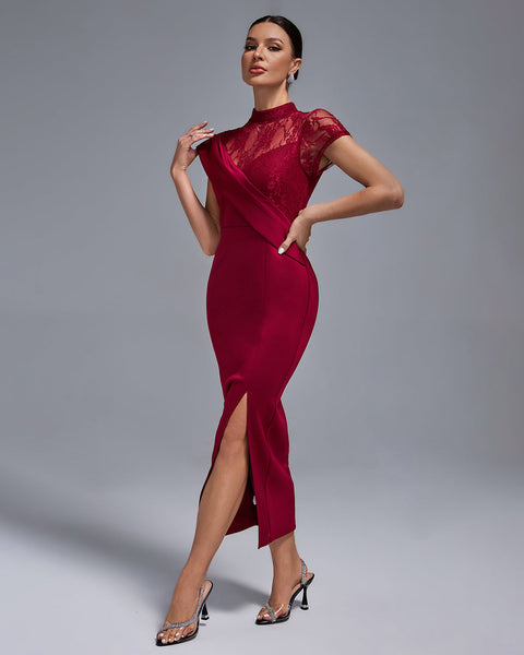 Wine Lace Split Long Dress - Opulent Empire