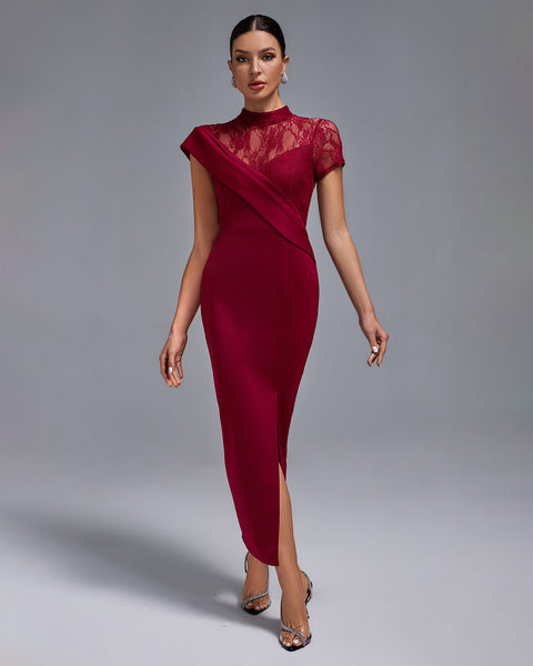 Wine Lace Split Long Dress - Opulent Empire